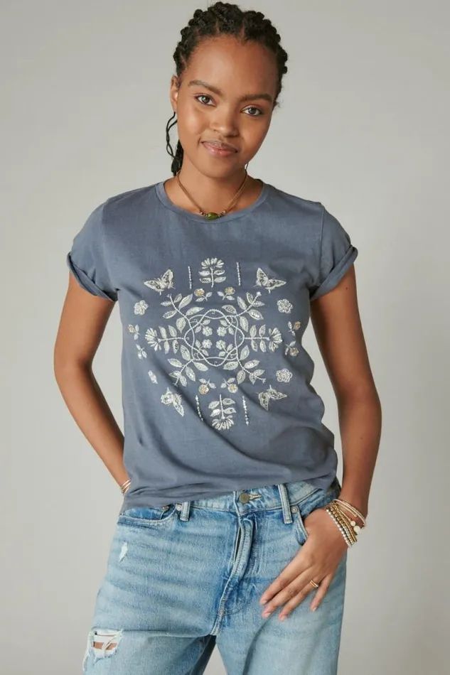 Lucky Brand Butterly Bandana Classic Crew Dress Blues Women Graphic Tees