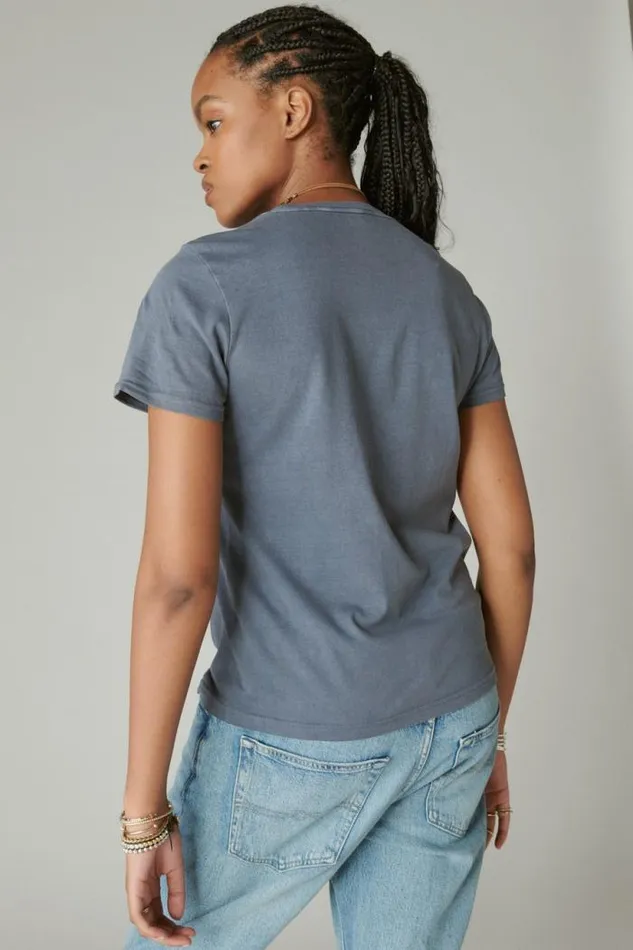 Lucky Brand Butterly Bandana Classic Crew Dress Blues Women Graphic Tees