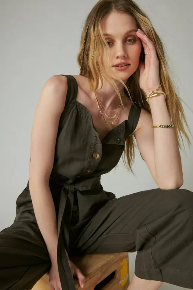 Lucky Brand Button Front Jumpsuit Raven Women Jumpsuits and Overalls