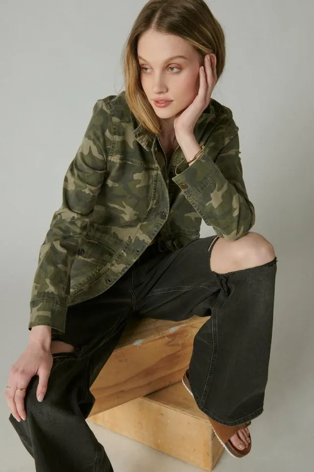 Lucky Brand Camo Printed Utility Jacket Green Multi Women Jackets and Outerwear