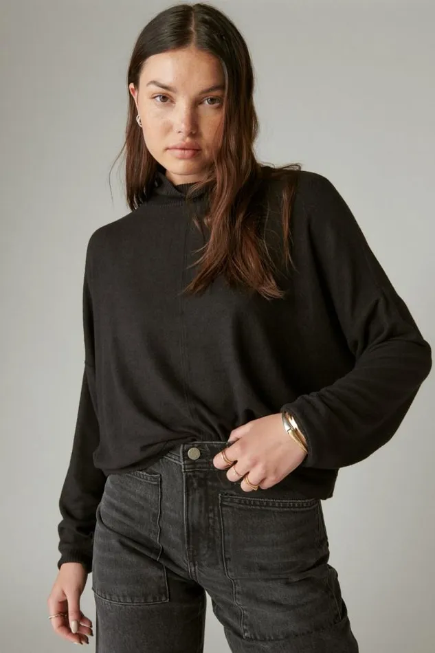 Lucky Brand Cloud Jersey Mock Neck Top Jet Black Women Activewear