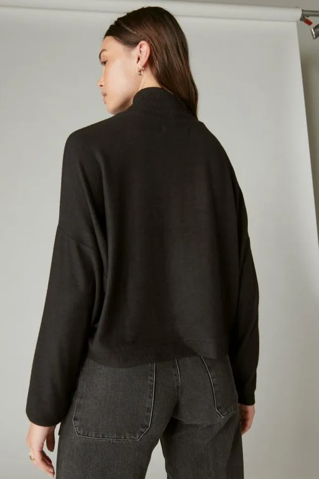 Lucky Brand Cloud Jersey Mock Neck Top Jet Black Women Activewear