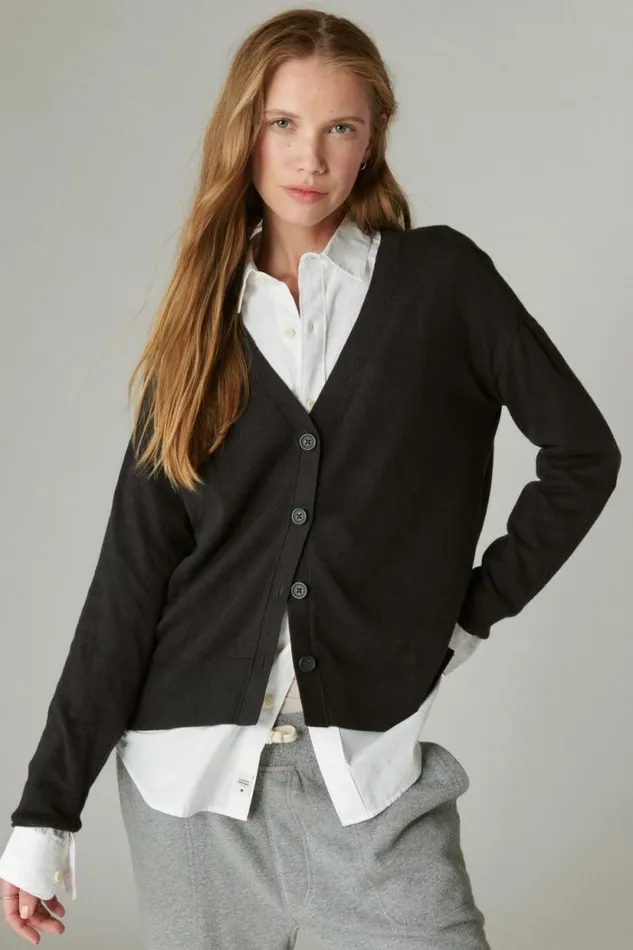 Lucky Brand Cloud Soft Relaxed Cardigan Jet Black Women Sweaters and Sweatshirts