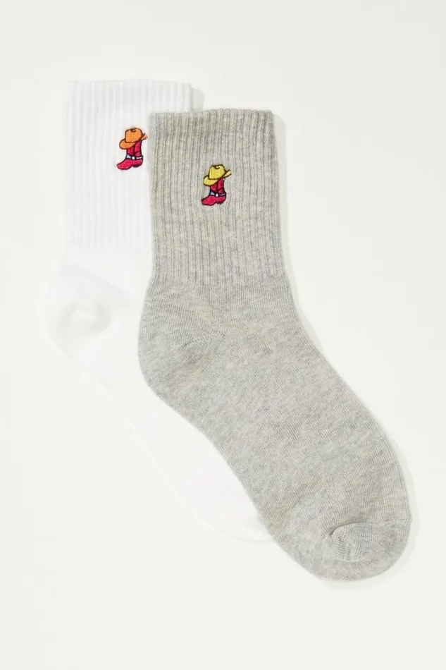 Lucky Brand Cowboy Boot Embroidered Sock 2 Pk White Women Socks