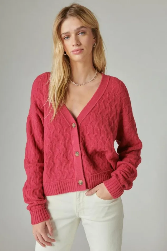 Lucky Brand Cozy Cable Stitch Cardigan Red Bud Women Sweaters and Sweatshirts