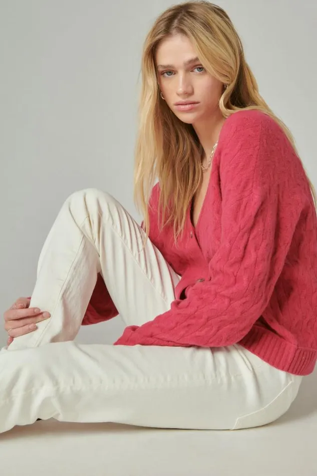 Lucky Brand Cozy Cable Stitch Cardigan Red Bud Women Sweaters and Sweatshirts