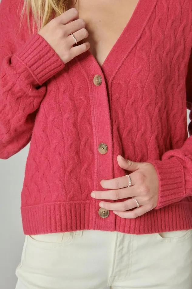 Lucky Brand Cozy Cable Stitch Cardigan Red Bud Women Sweaters and Sweatshirts