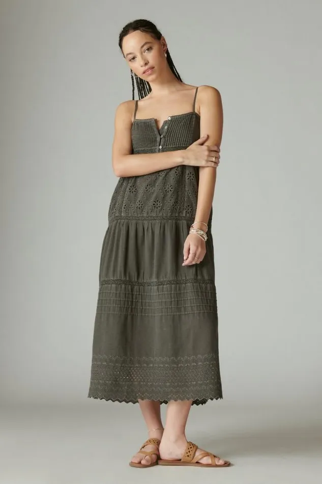 Lucky Brand Cutwork Paneled Maxi Dress Raven Women Dresses