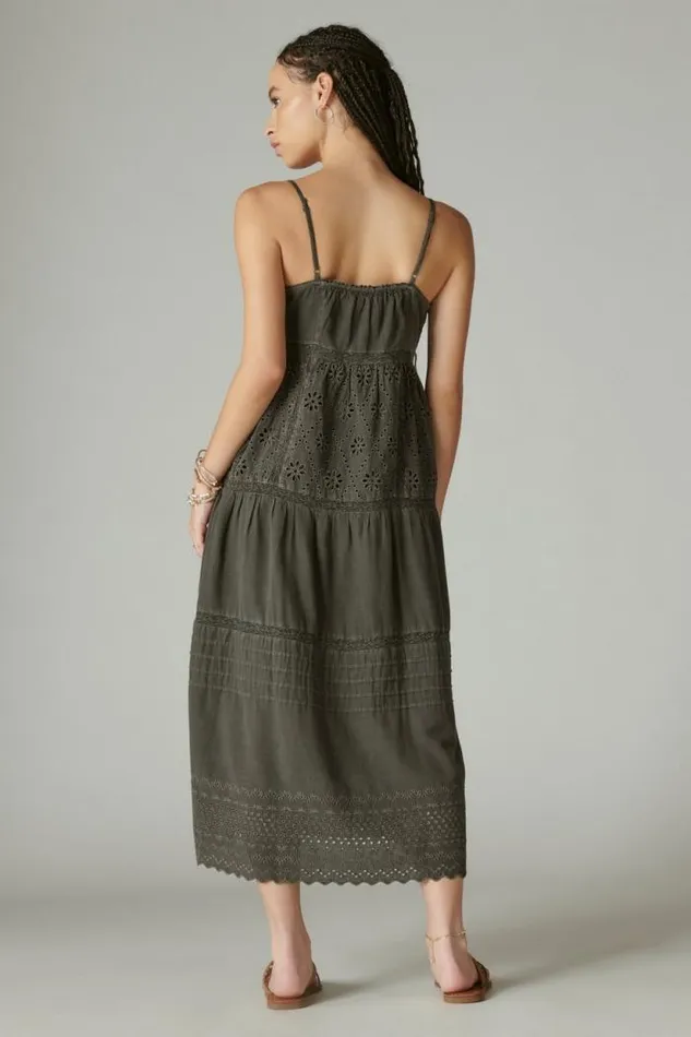 Lucky Brand Cutwork Paneled Maxi Dress Raven Women Dresses