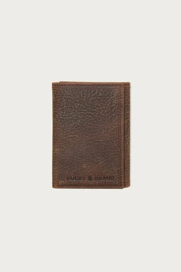 Lucky Brand Double Stitched Leather Trifold Wallet Dark Brown Men Bags and Wallets