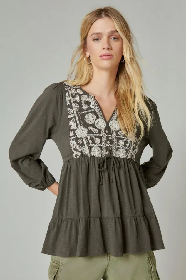 Lucky Brand Embroidered Tiered Tunic Top Raven Women All Tops
