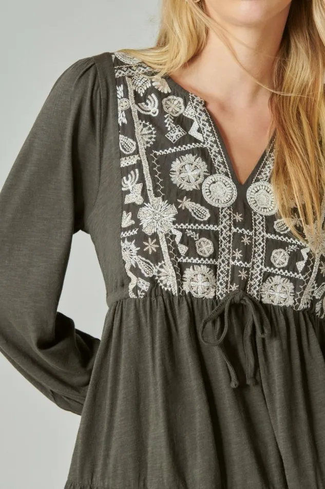 Lucky Brand Embroidered Tiered Tunic Top Raven Women All Tops