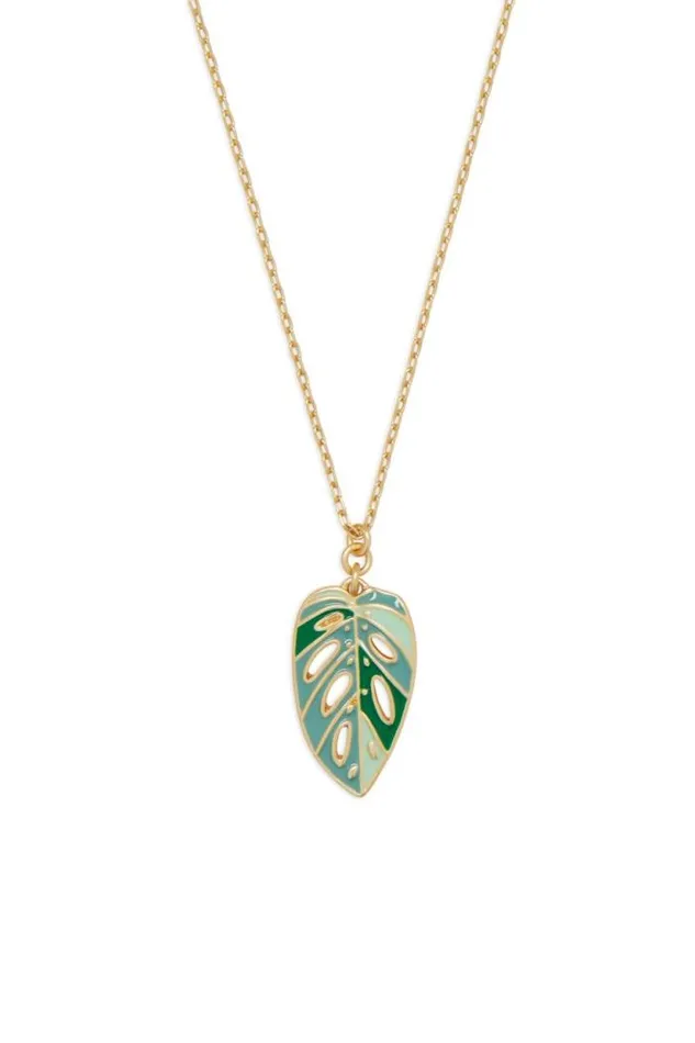 Lucky Brand Enamel Monstera Pendant Necklace Gold Women Jewelry