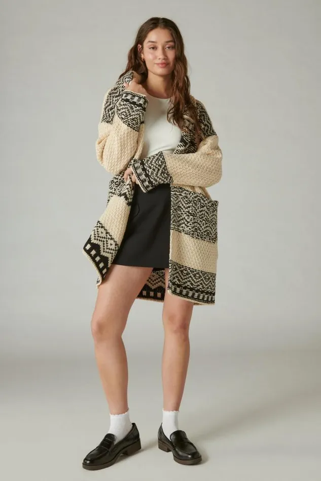 Lucky Brand Fairisle Coatigan Egret Combo Women Sweaters and Sweatshirts