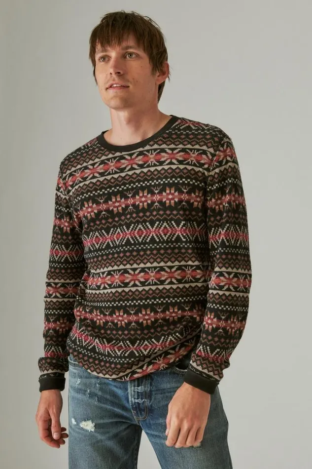 Lucky Brand Garment Dye Print Thermal Crew Multi Men Shirts and Tops