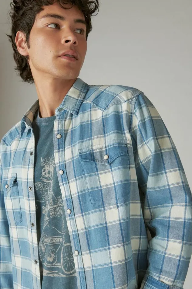 Lucky Brand Indigo Plaid Western Long Sleeve Shirt Indigo Plaid Men ButtonDowns
