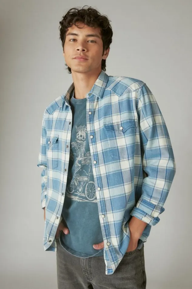 Lucky Brand Indigo Plaid Western Long Sleeve Shirt Indigo Plaid Men ButtonDowns