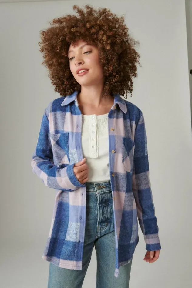 Lucky Brand Knit Shirt Jacket Blue Plaid Women All Tops