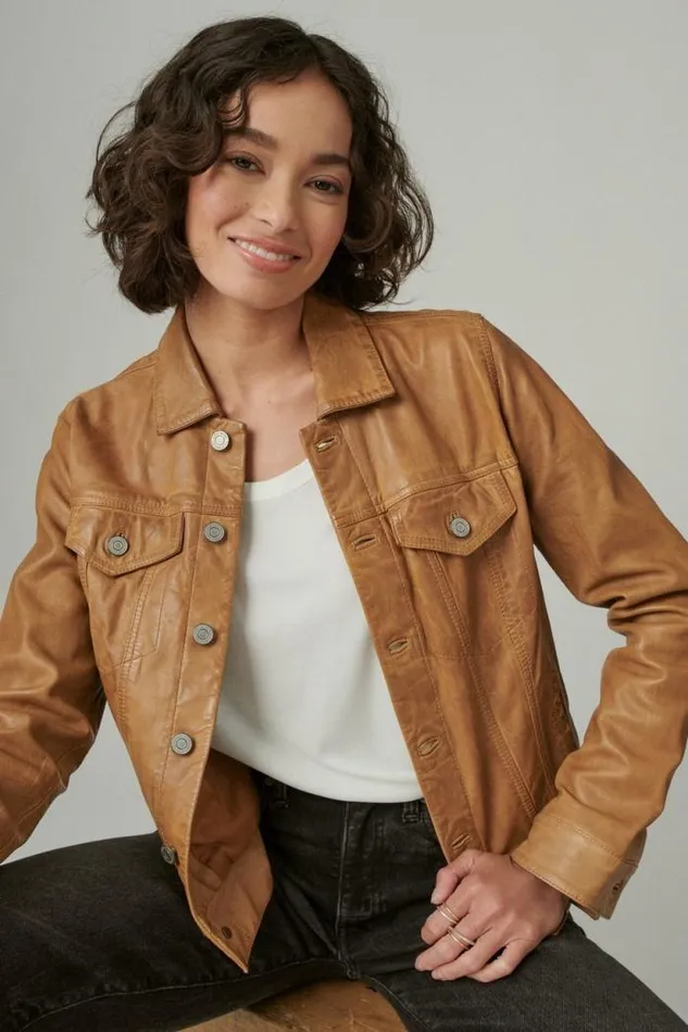 Lucky Brand Leather Trucker Jacket Cognac Women Jackets and Outerwear