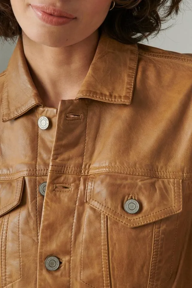 Lucky Brand Leather Trucker Jacket Cognac Women Jackets and Outerwear