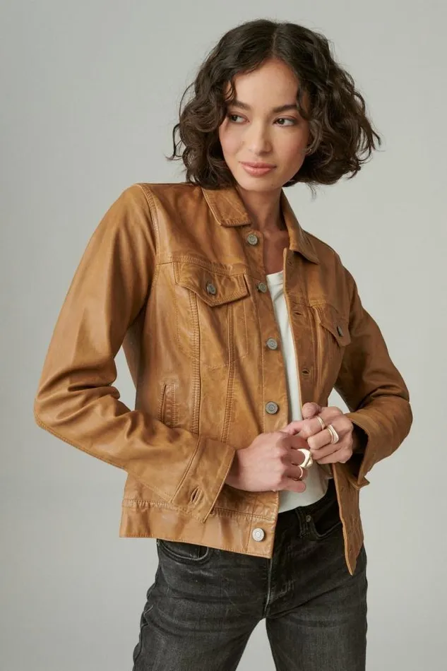 Lucky Brand Leather Trucker Jacket Cognac Women Jackets and Outerwear