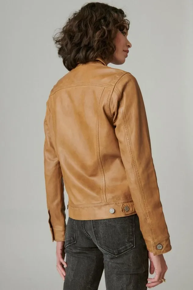 Lucky Brand Leather Trucker Jacket Cognac Women Jackets and Outerwear