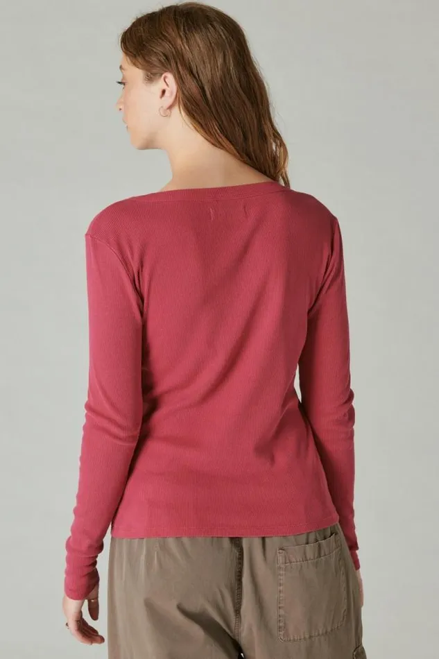 Lucky Brand Long Sleeve Ribbed Snap Henley Anemone Women All Tops