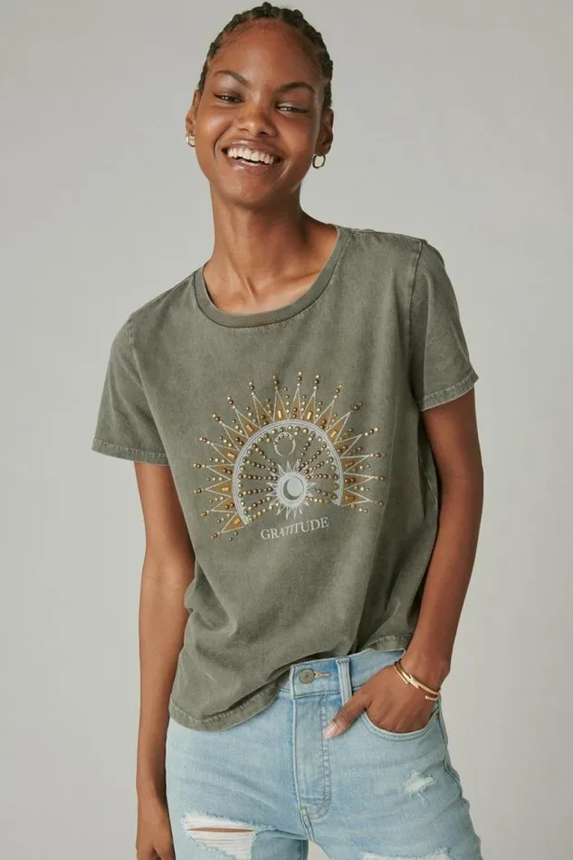Lucky Brand Mandala Rock Crew Tee Beluga Women Graphic Tees
