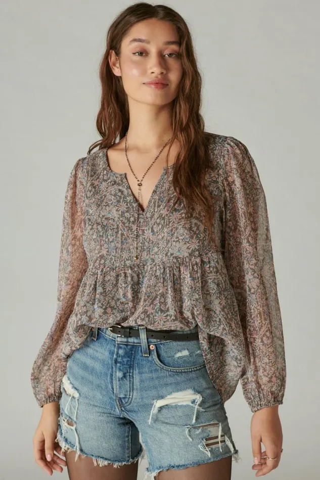 Lucky Brand Open Neck Printed Peasant Top Pink Multi Women All Tops