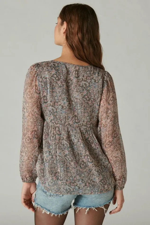 Lucky Brand Open Neck Printed Peasant Top Pink Multi Women All Tops