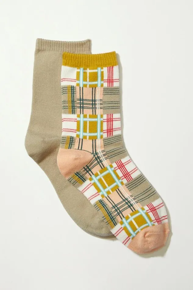 Lucky Brand Patchwork Plaid Crew Sock 2 Pk Multi Women Socks