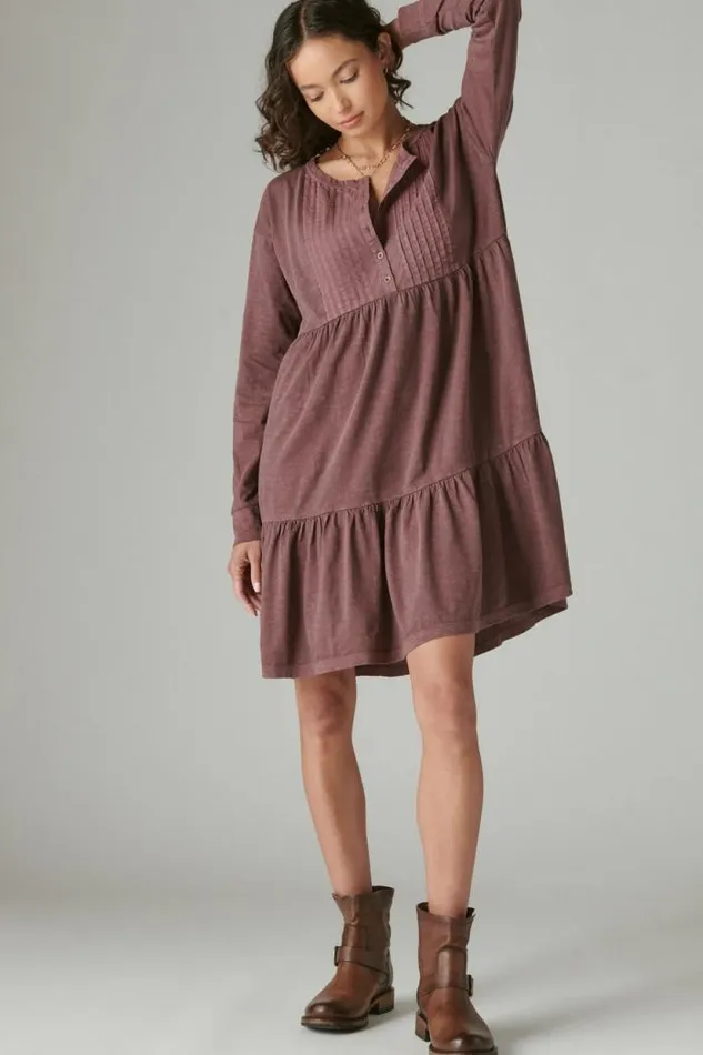Lucky Brand Pintuck Tiered Knit Henley Dress Huckleberry Women Dresses