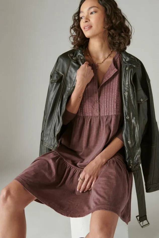 Lucky Brand Pintuck Tiered Knit Henley Dress Huckleberry Women Dresses