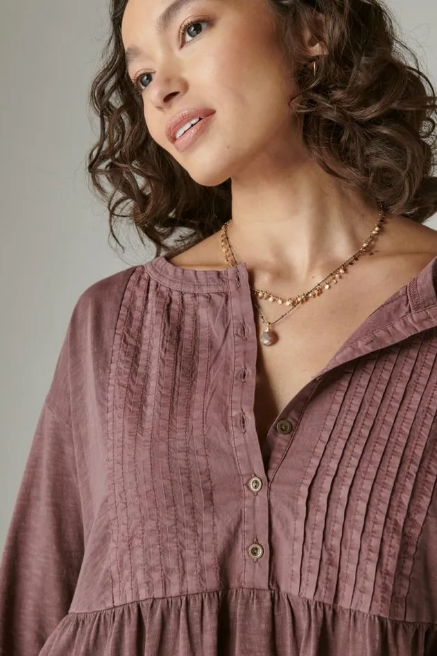 Lucky Brand Pintuck Tiered Knit Henley Dress Huckleberry Women Dresses