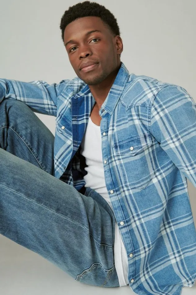 Lucky Brand Plaid Indigo Western Shirt Indigo Plaid Men ButtonDowns