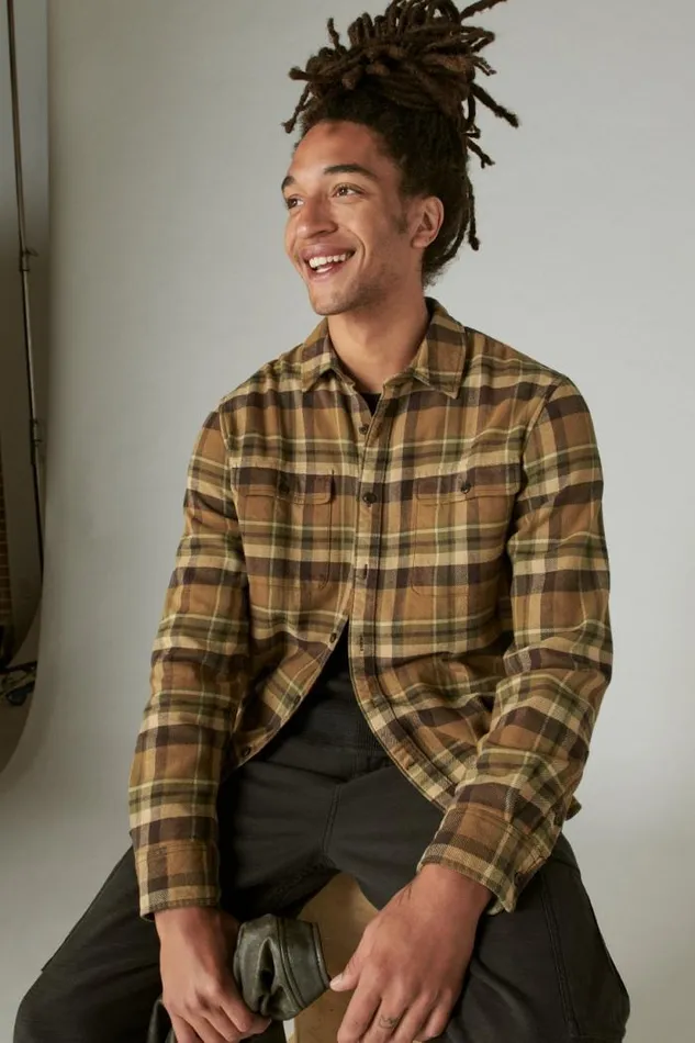 Lucky Brand Plaid Utility Cloud Soft Long Sleeve Flannel Natural Multi Plaid Men ButtonDowns