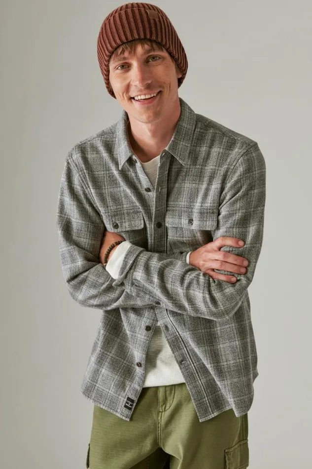 Lucky Brand Plaid Utility Long Sleeve Flannel Grey Malange Men ButtonDowns