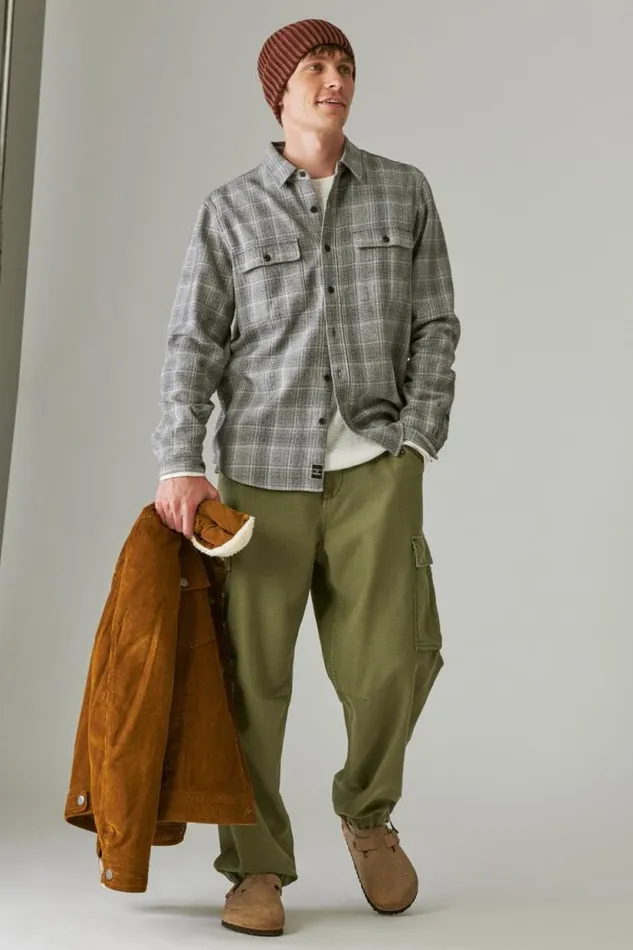 Lucky Brand Plaid Utility Long Sleeve Flannel Grey Malange Men ButtonDowns