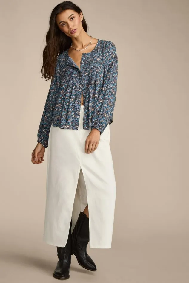 Lucky Brand Printed Button Down Pintuck Top Indigo Multi Women All Tops