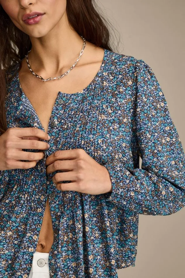 Lucky Brand Printed Button Down Pintuck Top Indigo Multi Women All Tops