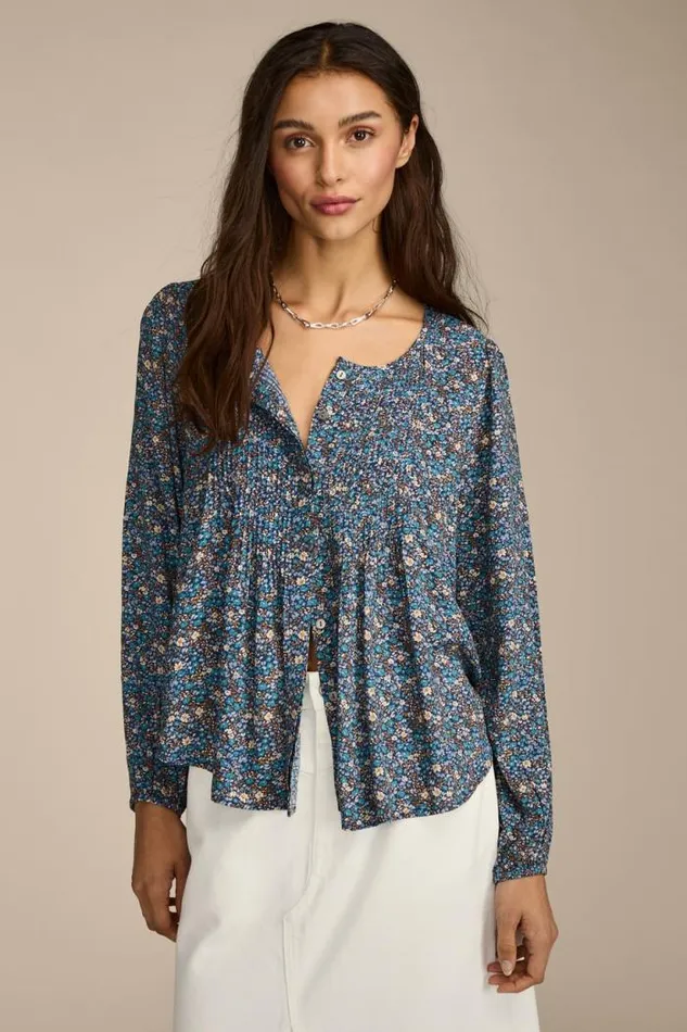 Lucky Brand Printed Button Down Pintuck Top Indigo Multi Women All Tops