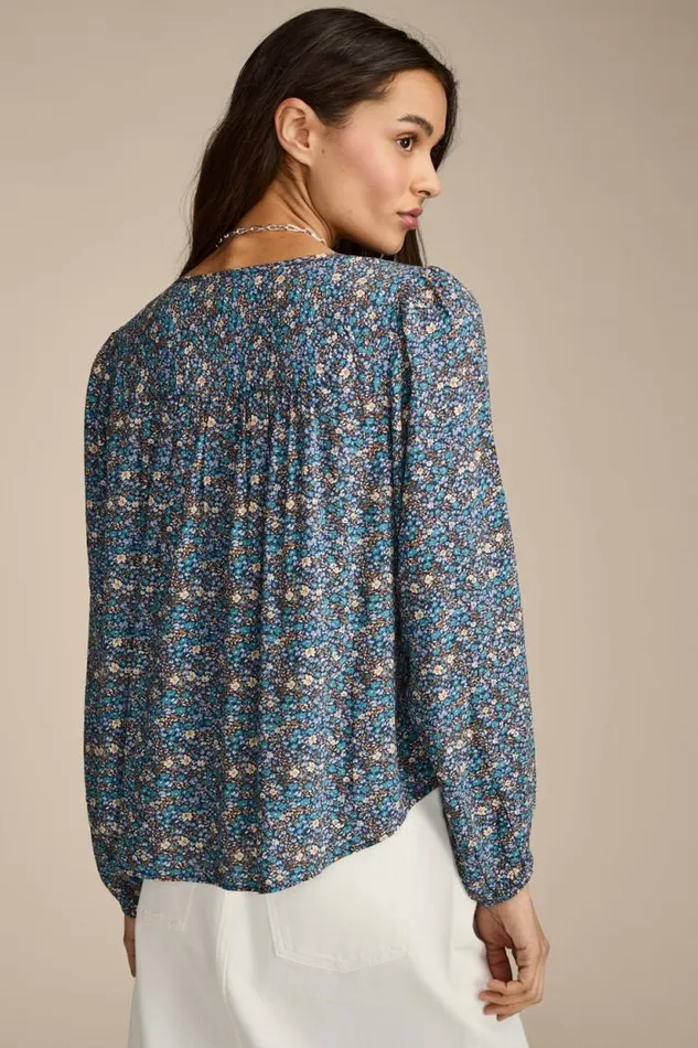 Lucky Brand Printed Button Down Pintuck Top Indigo Multi Women All Tops