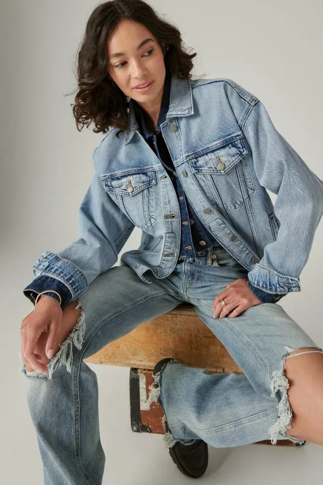 Lucky Brand Relaxed Denim Trucker Jacket Ripple Women Jackets and Outerwear
