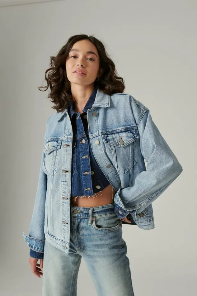 Lucky Brand Relaxed Denim Trucker Jacket Ripple Women Jackets and Outerwear