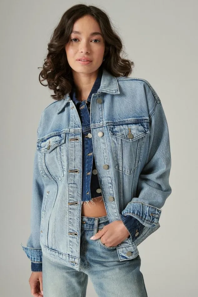 Lucky Brand Relaxed Denim Trucker Jacket Ripple Women Jackets and Outerwear