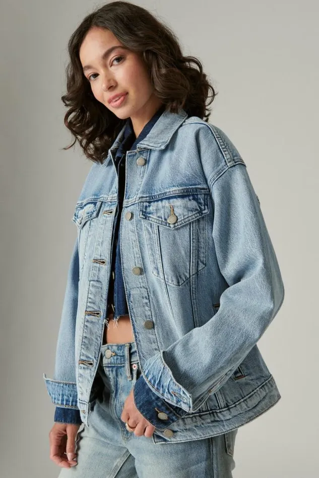 Lucky Brand Relaxed Denim Trucker Jacket Ripple Women Jackets and Outerwear