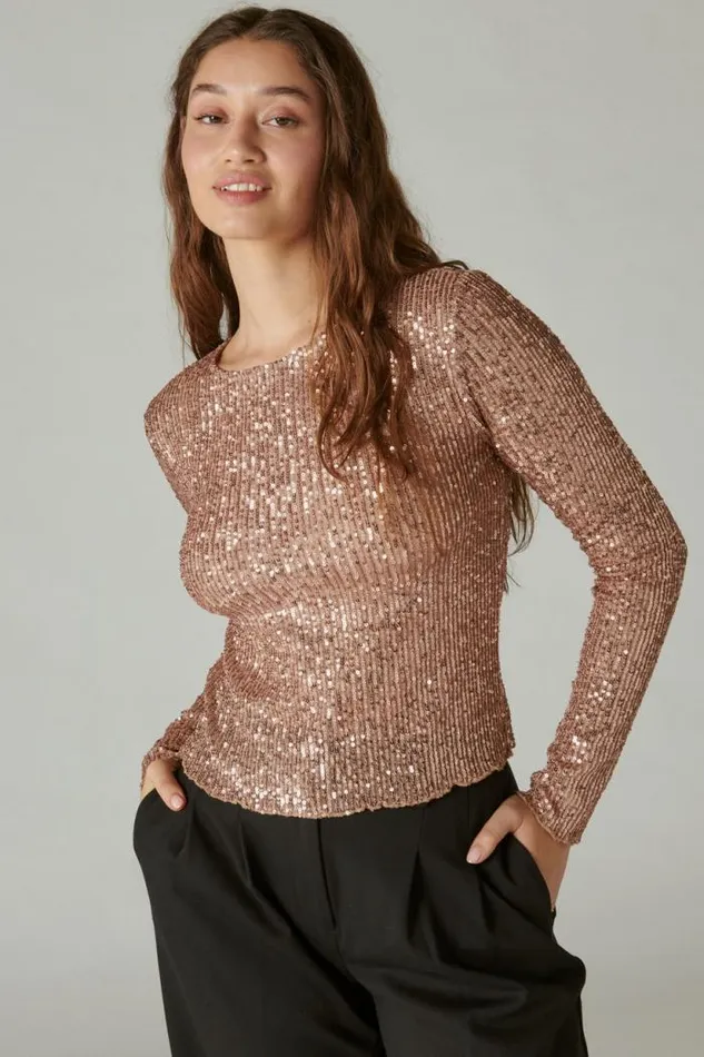 Lucky Brand Sequin Knit Top Rust Women All Tops
