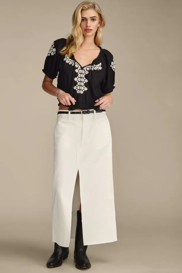 Lucky Brand Short Sleeve Geo Embroidered Peasant Top Jet Black Women All Tops