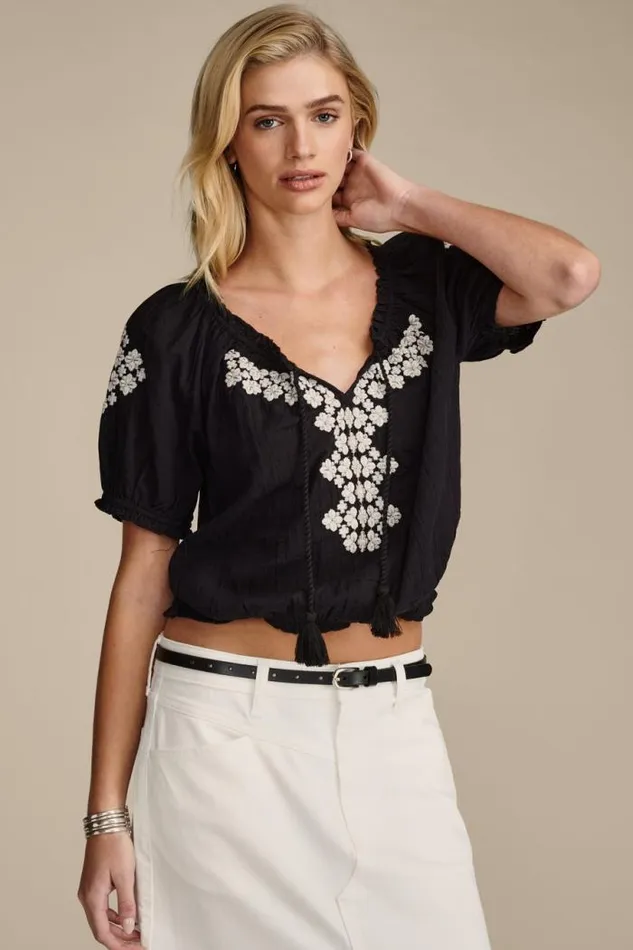 Lucky Brand Short Sleeve Geo Embroidered Peasant Top Jet Black Women All Tops