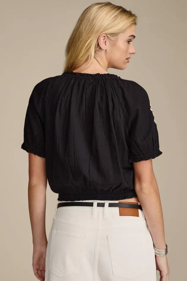 Lucky Brand Short Sleeve Geo Embroidered Peasant Top Jet Black Women All Tops